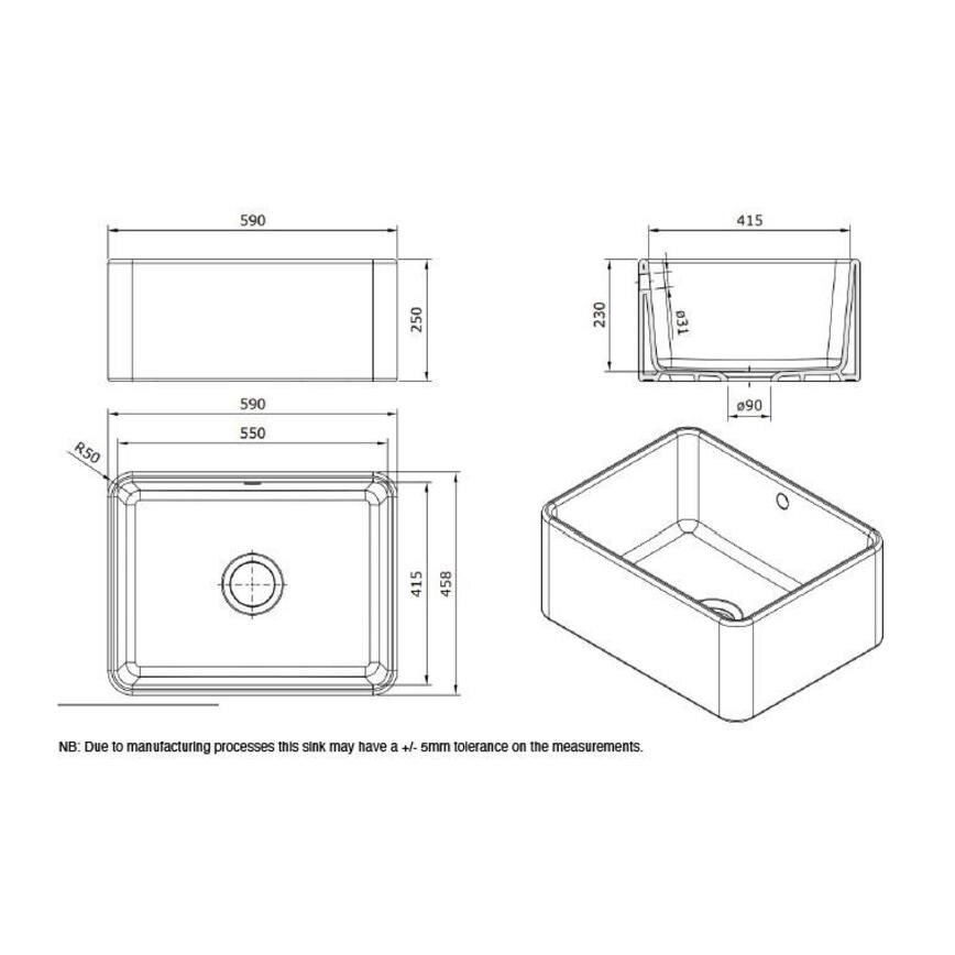 Rangemaster Single Bowl No Drainer Undermount Ceramic Smooth White Butler Kitchen Sink Line Drawing