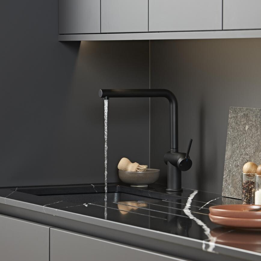 Sennen Matt Black Right Angled Mixer Tap Water Running