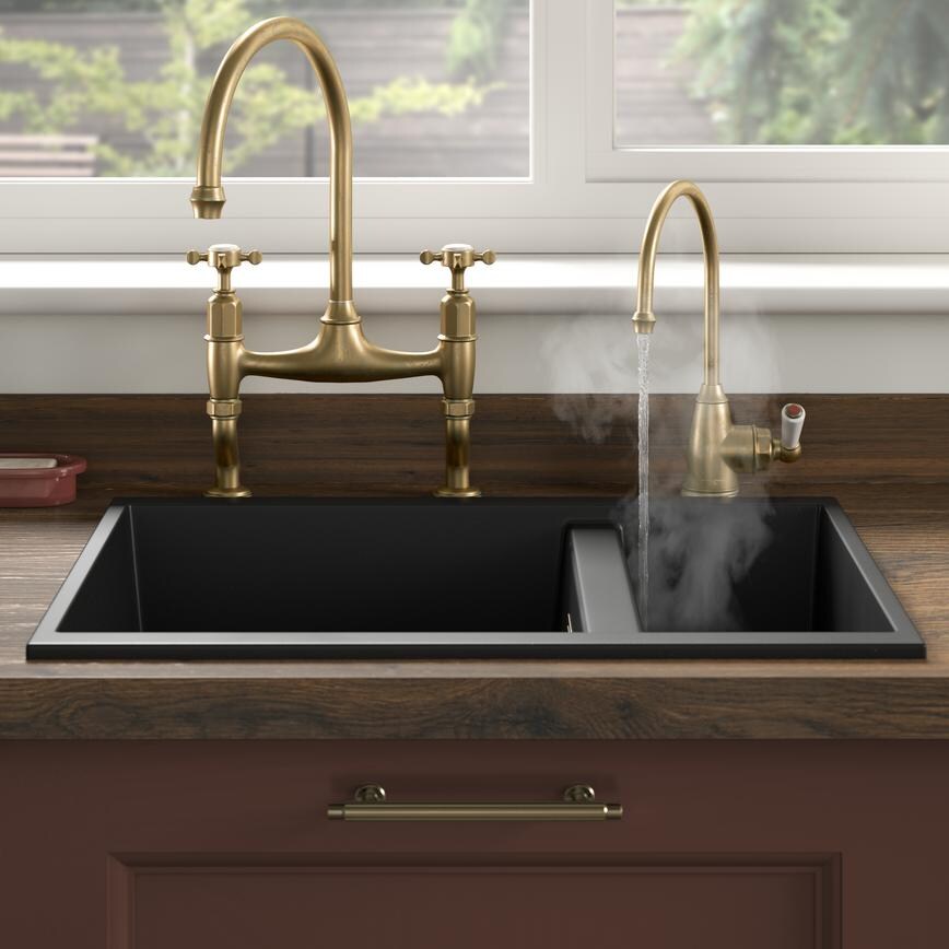 Perrin & Rowe Ionian Patinated Aged Brass Swan Neck Instant Hot Water Kitchen Tap Featuring Elmbridge Earth Red