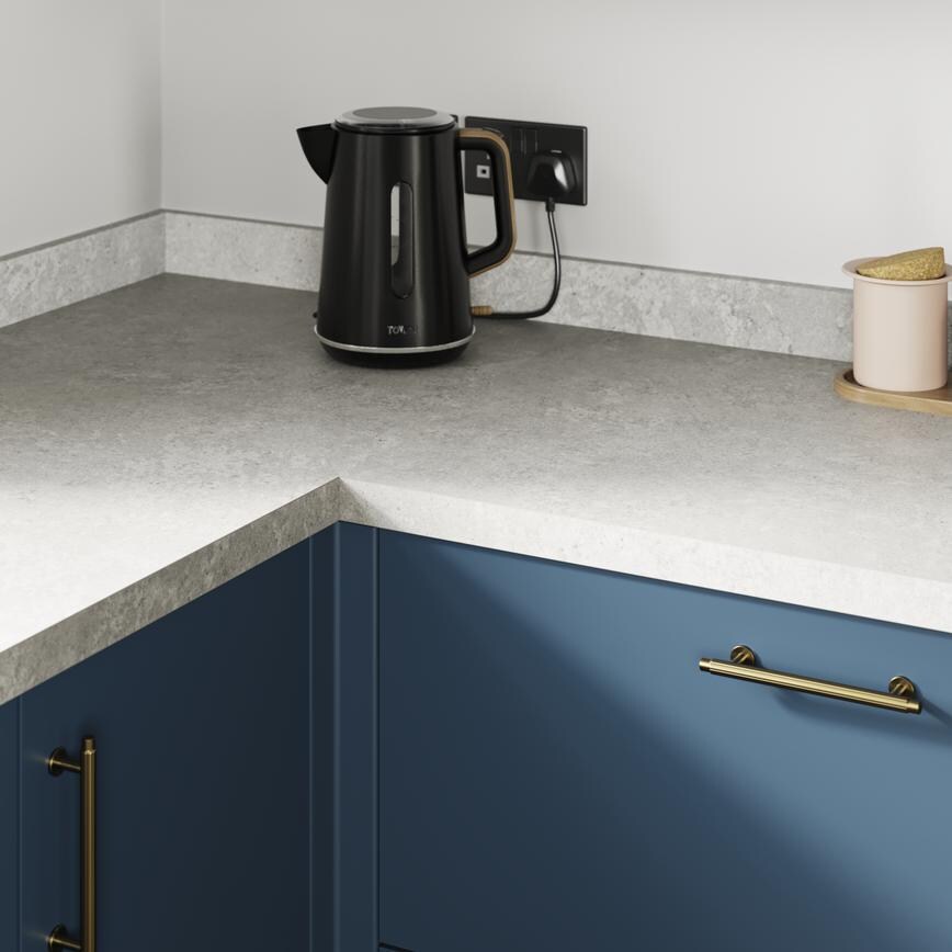Howdens 3m x 38mm Square Edge Light Stone Effect Laminate Worktop Featuring Greenwich Marine Blue