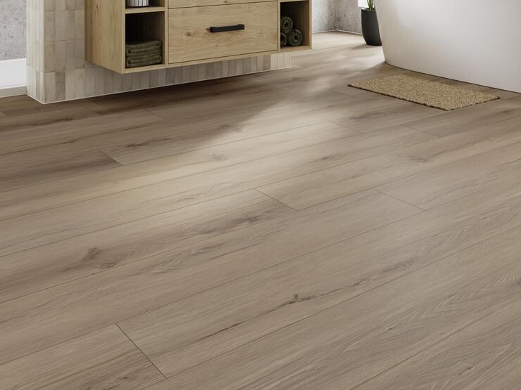 Oake and Gray Espresso Oak XL Luxury Rigid Vinyl Flooring with Integrated Underlay 1.7m² Pack in a Bathroom