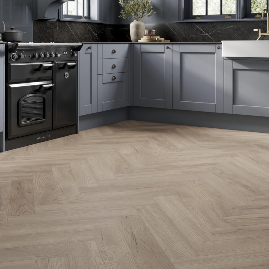 Howdens Herringbone Light Oak Laminate Flooring 1.238 m² Pack Featuring Fairford Dusk Blue