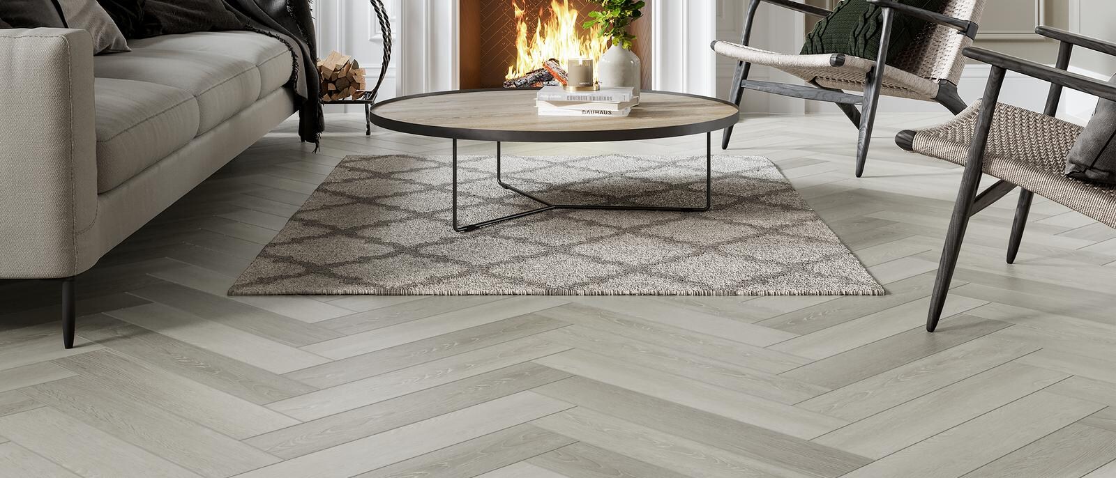 H-Bone Rigid Vinyl Frosted Oak Living Room  