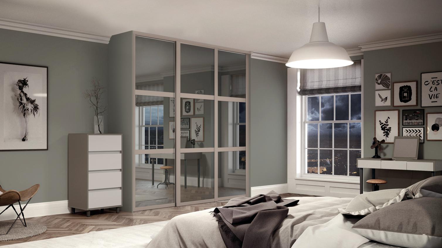 Mirrored Shaker 3 Panel Cashmere Internal Sliding Wardrobe Door