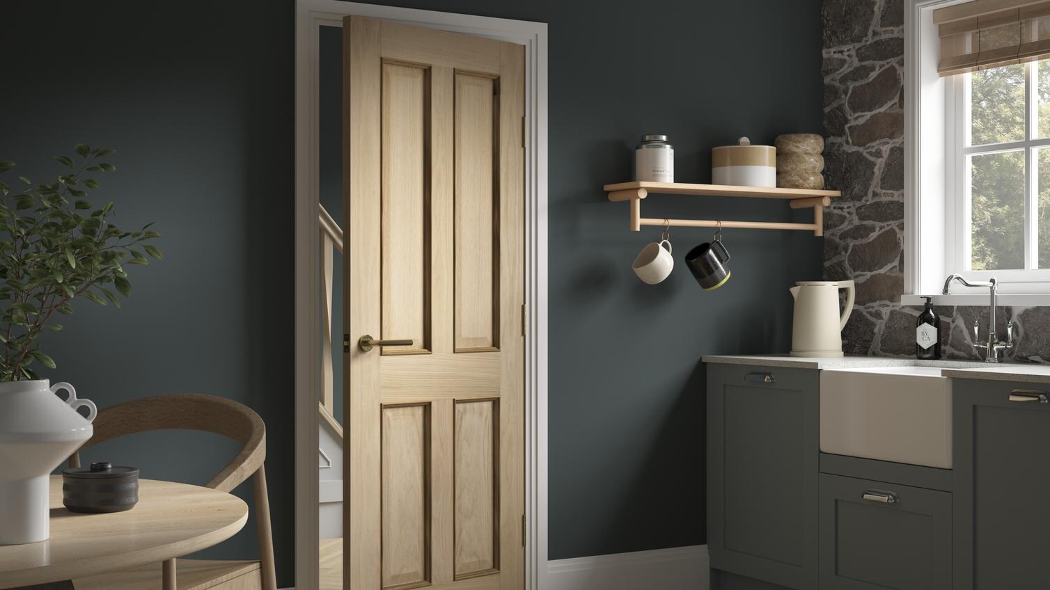 Rockingham Oak 4 Panel Door, Mitred Lecco Door Handle, Howdens 4.2m x 200mm Stepped White Skirting Board
