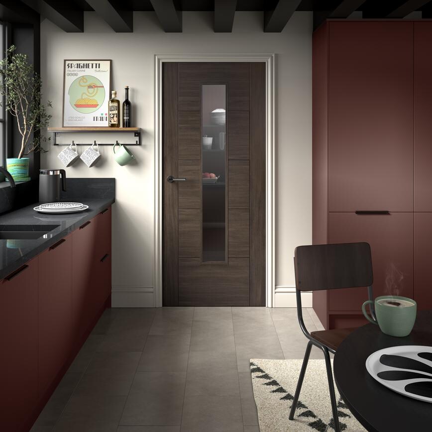2ft6 Daytona Walnut Laminate Glazed Door Ivory Floor Hockley Garnet Red