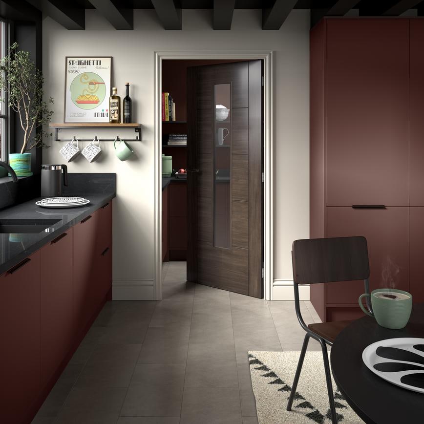 2ft6 Daytona Walnut Laminate Glazed Door Ivory Floor Hockley Garnet Red