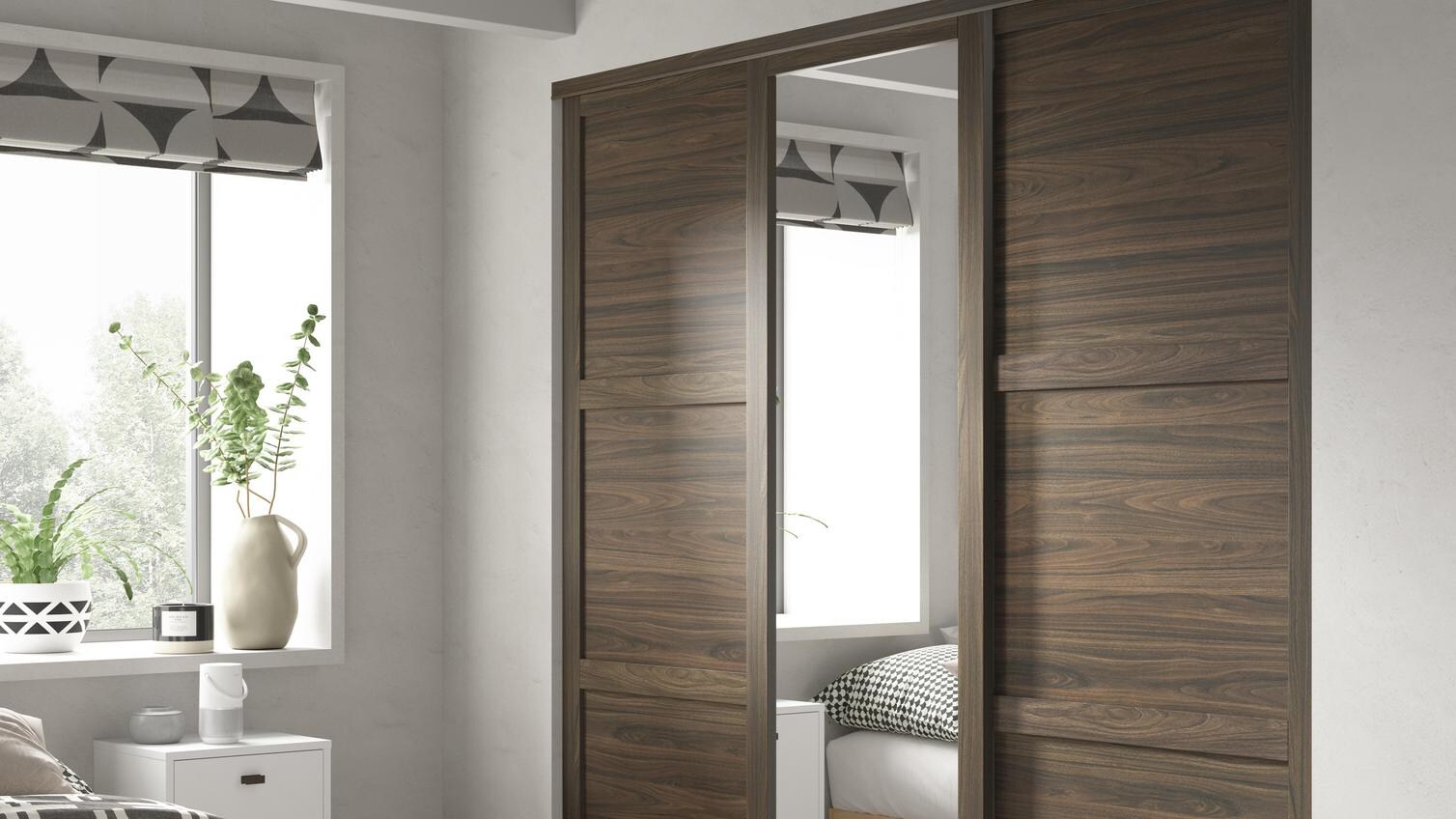 Walnut Frame Mirrored 762mm x 2225mm Sliding Wardrobe Door & Shaker Walnut Panelled 914mm x 2225mm Sliding Wardrobe Door