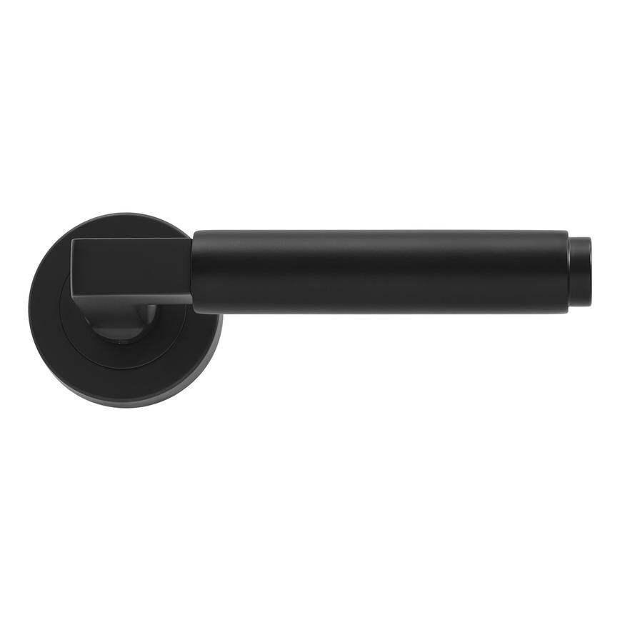 Runda Matt Black Lever on Rose Door Handle Pair