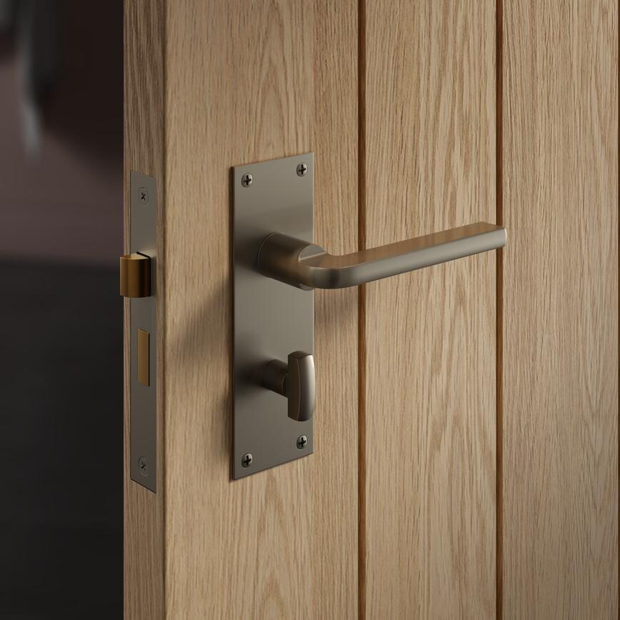 Fuller and Forge Munch Satin Nickel Lever on Slim Backplate Bathroom Door Handle Pair