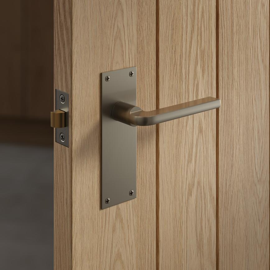 Fuller and Forge Munch Satin Nickel Lever on Slim Backplate Latch Door Handle Pair Close Up