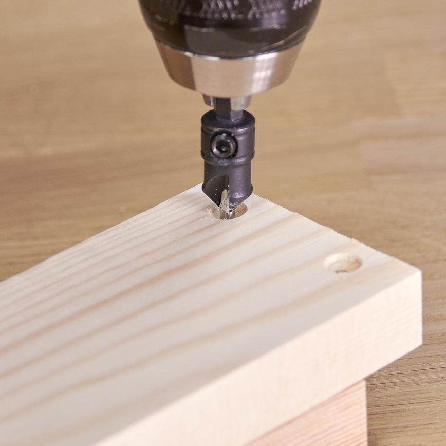 Trend Countersink Drill Bits 5 Piece Set in Use Drilling Flush to Timber Piece