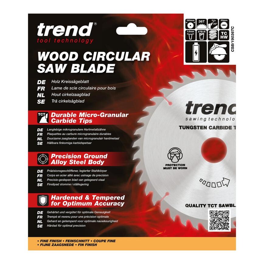 TLS0729 Trend 190mm x 30mm 36T Hardwood Cordless Circular Saw Blade Packaging