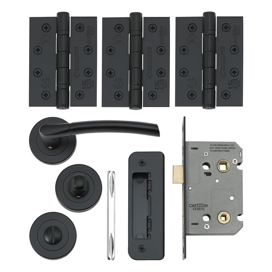 Newington Matt Black Lever on Rose Bathroom Lock Door Handle Pack