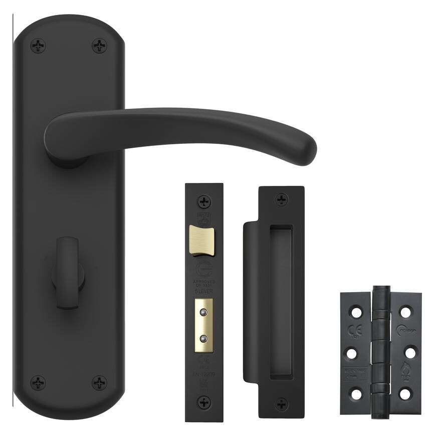 Fuller and Forge Garda Matt Black Lever on Backplate Bathroom Door Handle Pack