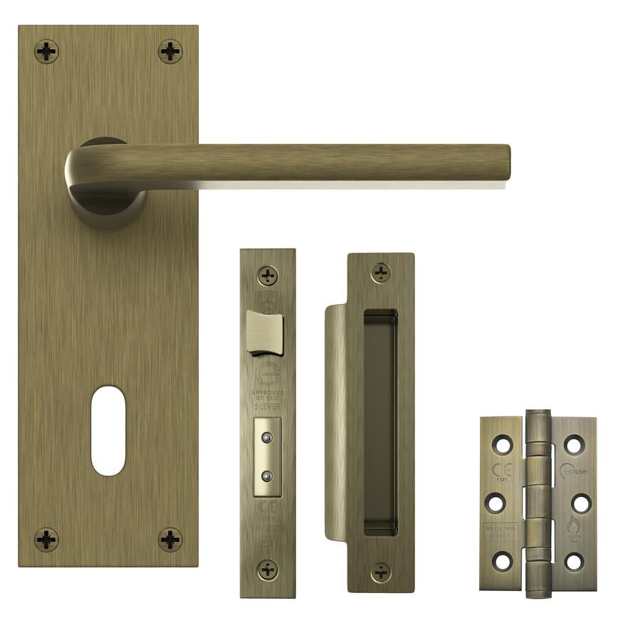 Fuller and Forge Munch Antique Brass Lever on Slim Backplate Lock Door Handle Pack