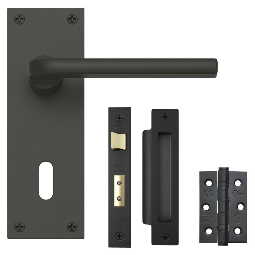Fuller and Forge Munch Matt Anthracite Lever on Slim Backplate Lock Door Handle Pack