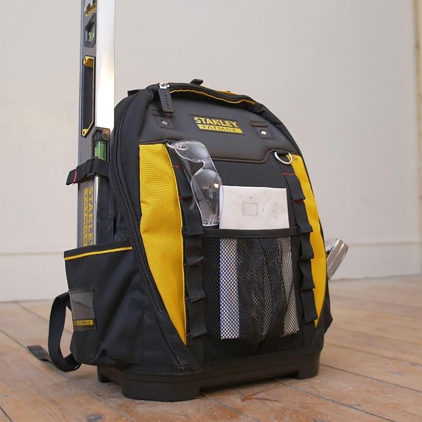 Stanley Fatmax 1-95-611 15" Fabric Backpack Stood Upright in a Room