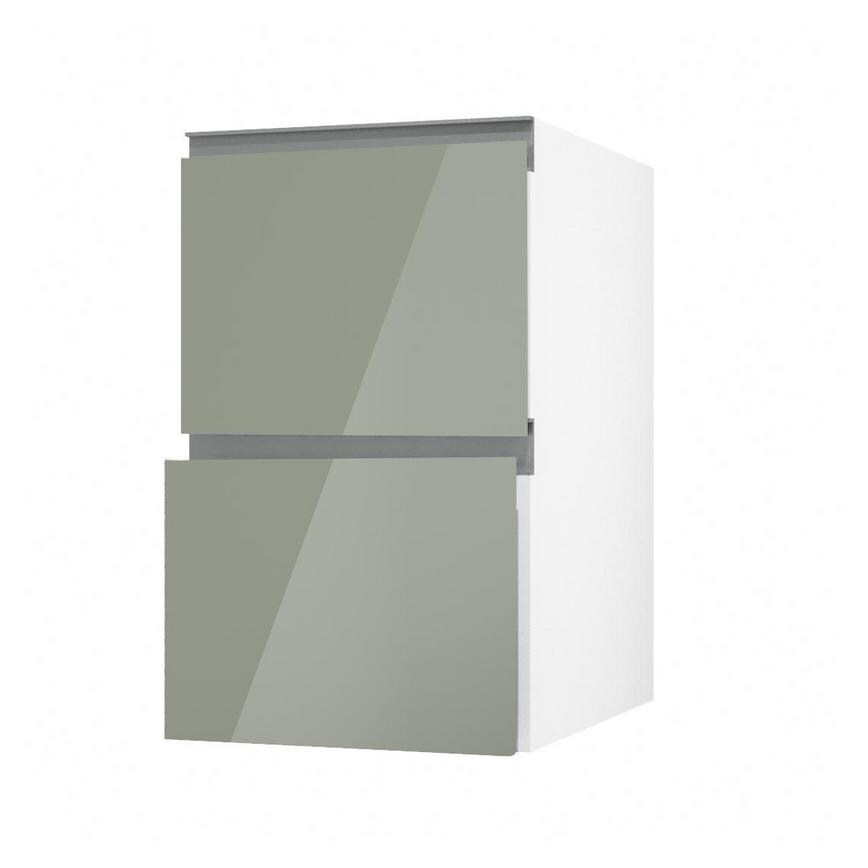Hockley Mirror Gloss Reed Green 450mm x 342mm Pan Drawer Front Shown with the Drawer Angled Open as Part of a Full Drawer Unit