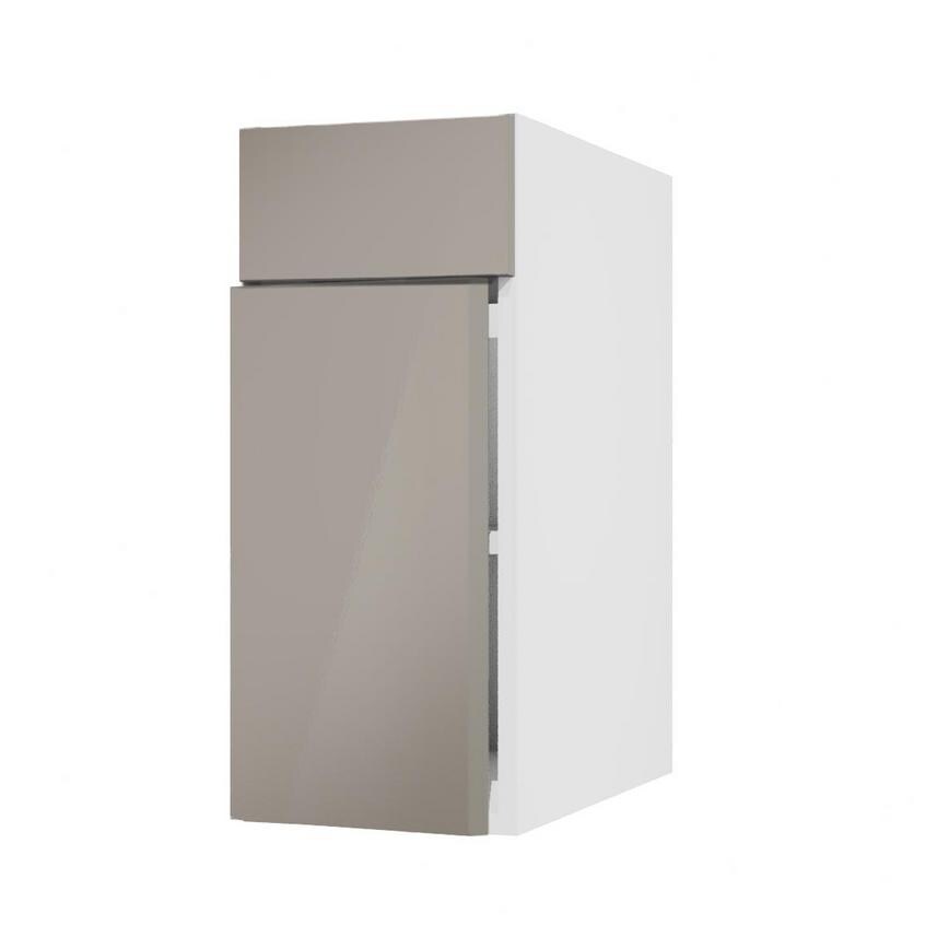Hockley Mirror Gloss Sand Grey 300mm x 557mm Door Front Shown Open at an Angle as Part of a Door and Drawer Unit