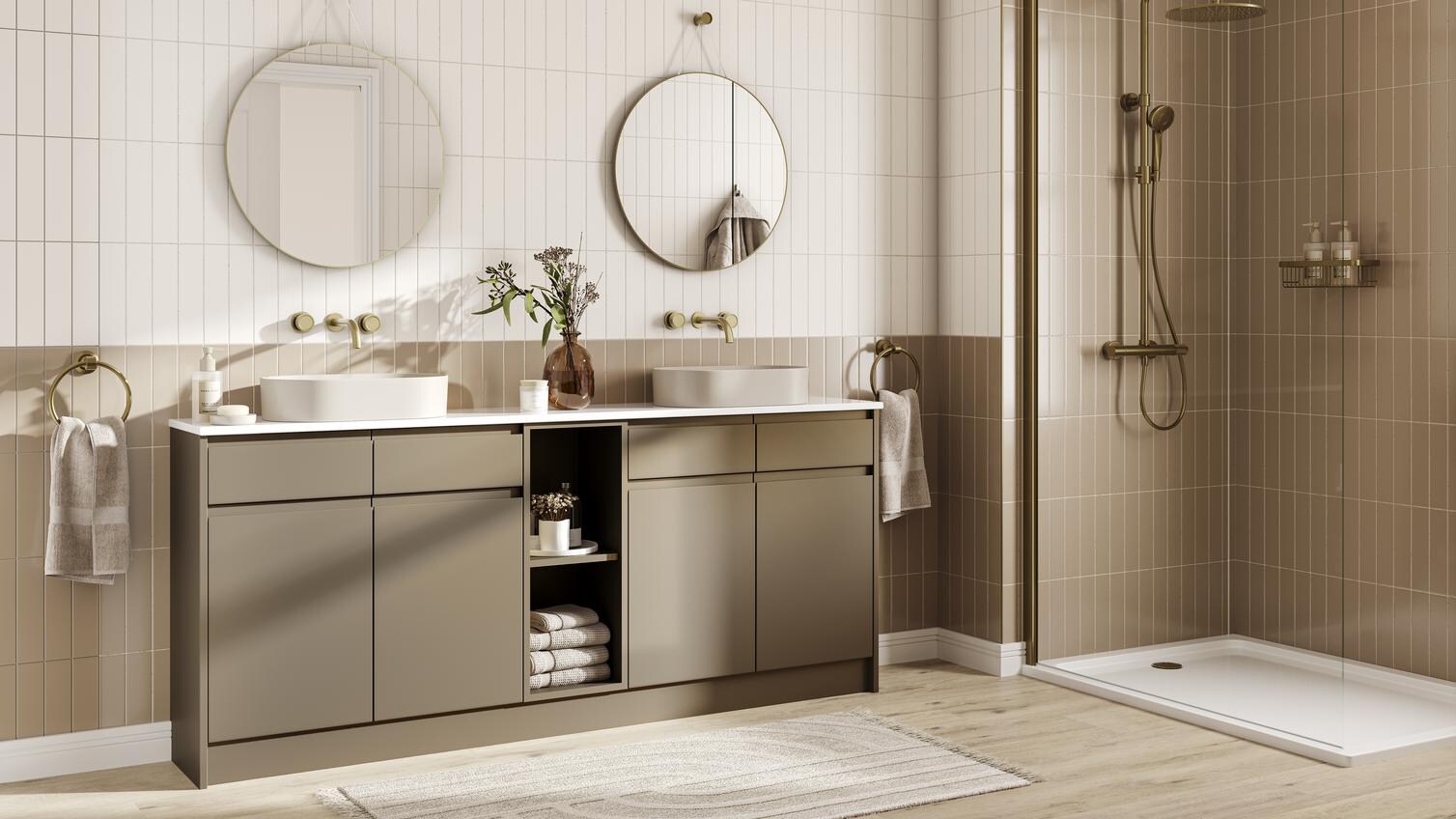A bronze bathroom with a metallic effect and matt finish. There are two vanity units, shower tray, and oak-effect flooring. 