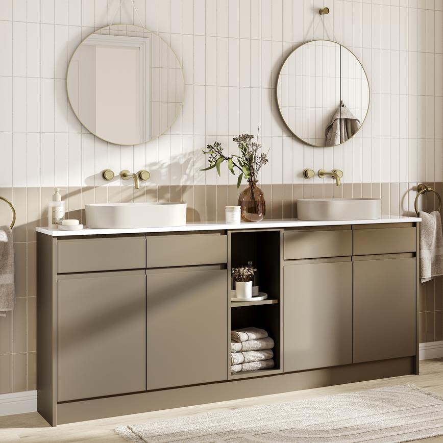 A bronze bathroom with a metallic effect and matt finish. There are two vanity units, shower tray, and oak-effect flooring. 