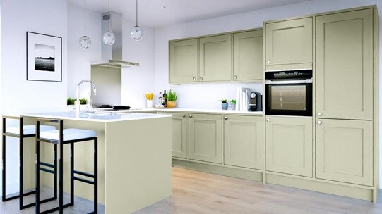 Chilcomb Inframe Sage Green Peninsula Kitchen