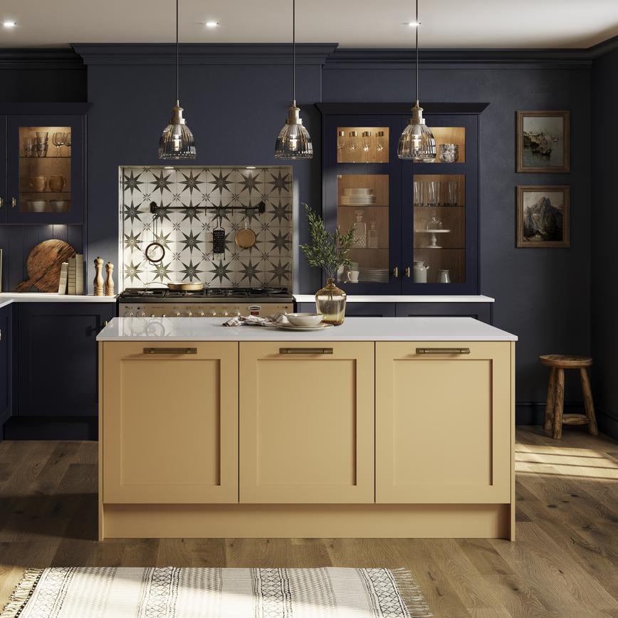 Shaker kitchen with navy units and yellow, saffron island. Has light oak vinyl flooring, white worktops, and Range cooker.
