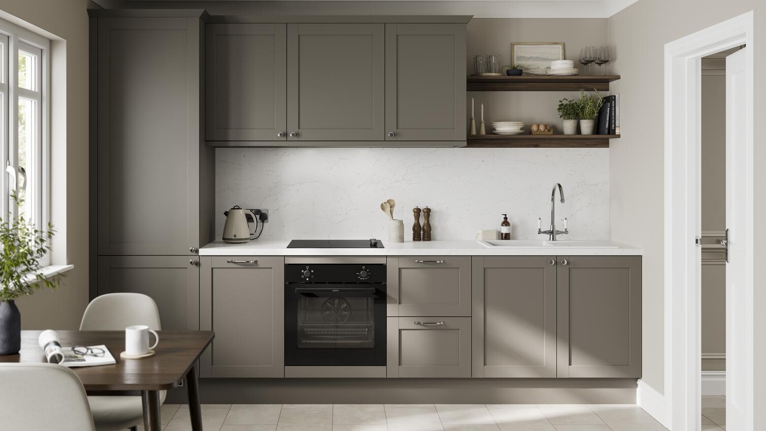 A grey kitchen in a shaker, single-wall layout. It includes grey tile flooring, white worktop, and a matching splashback.