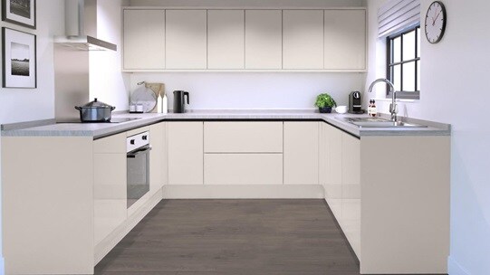 Greenwich Gloss Sandstone Handleless EKES Ushape Main Set Shot