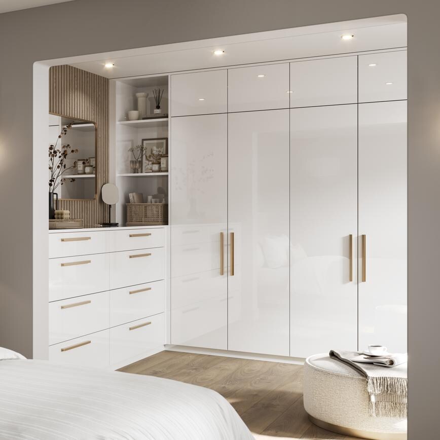 Hockley Gloss White Main Set Shot Warderobe, Chest Of Drawers, and Bedside Table