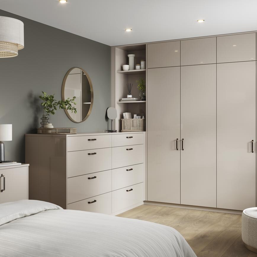 Hockley Gloss Sandstone Bedroom Warderobe, Chest of Drawers, and Bedside Table