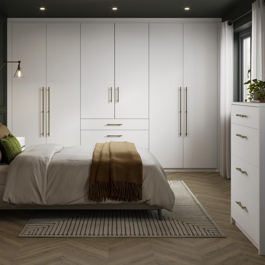 Hockley Super Matt White Main Set Shot Warderobe, Chest Of Drawers, and Bedside Table