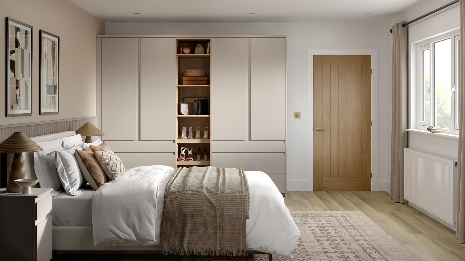 A matt sandstone bedroom with tall wardrobes and matching drawers. It has shelves in between and light, oak-style flooring.