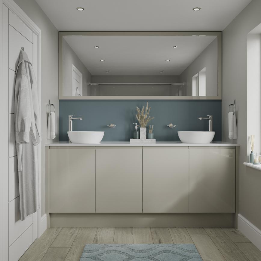 Small gloss bathroom with integrated handle doors in a sandstone shade. With white round ceramic sinks, and chrome lever taps