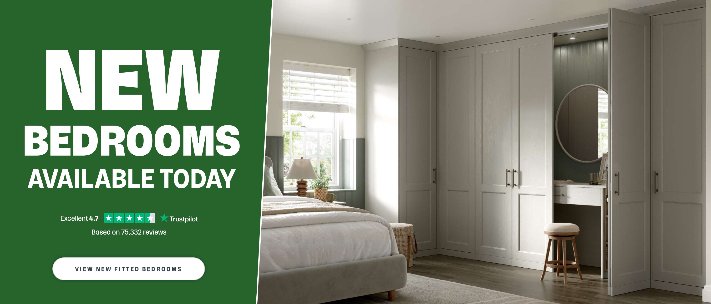 New bedrooms available today. White fitted wardrobes. View new fitted bedrooms. 