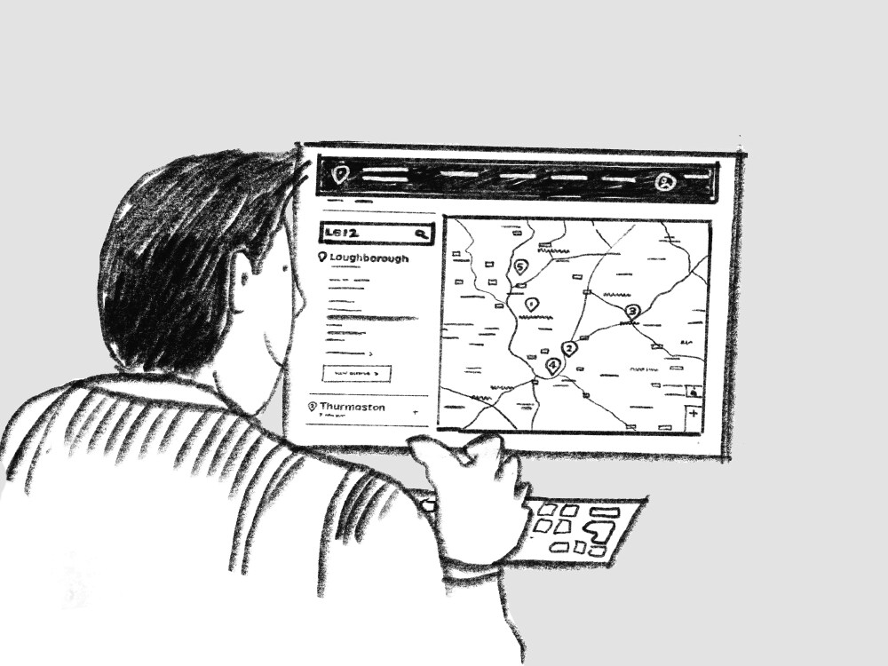 Illustration of a man in front of a computer screen showing a map on the screen