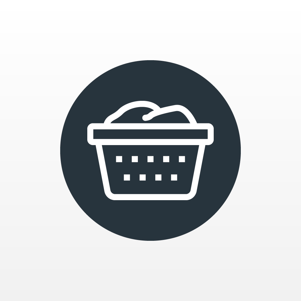 Laundry buying guide icon showing a white outline of a full washing basket on a black circle.